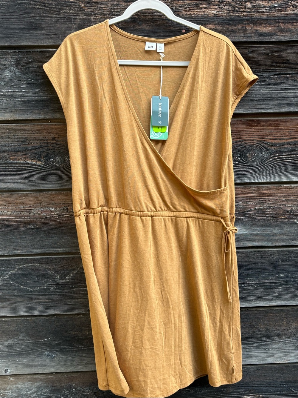 tentree Wrap-Style Midi Dress in Golden Brown